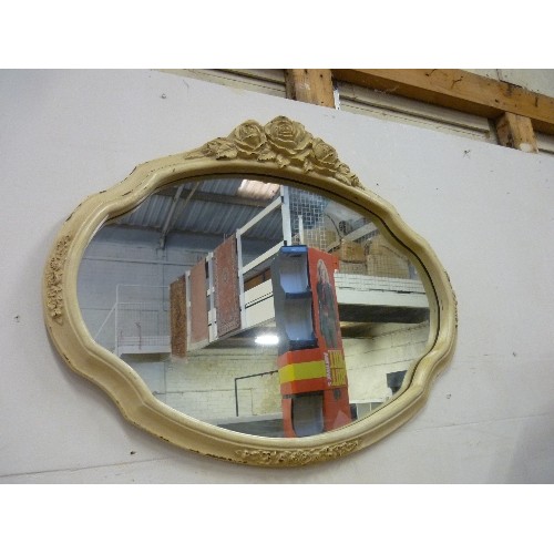 488 - ORNATE VINTAGE WALL MIRROR WITH ROSE DECORATION - 70CM X 55CM