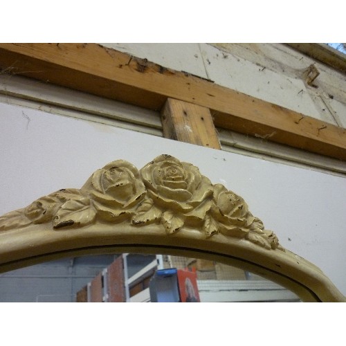 488 - ORNATE VINTAGE WALL MIRROR WITH ROSE DECORATION - 70CM X 55CM