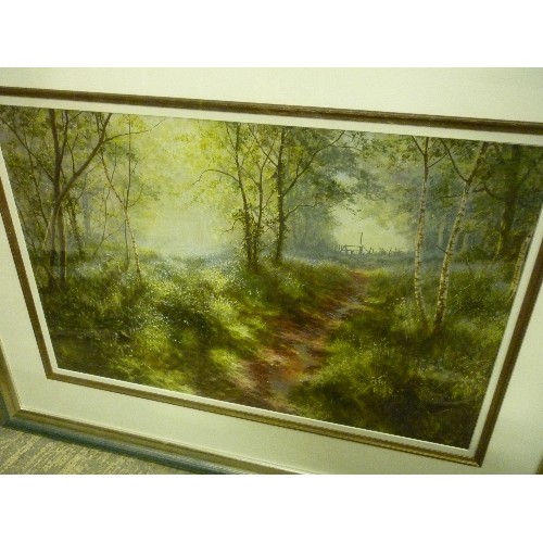 495 - TWO MODERN STYLE CANVAS FLOWER PRINTS IN BRIGHT COLOURS AND TWO TRADITIONAL PRINTS OF WOODLAND SCENE... 