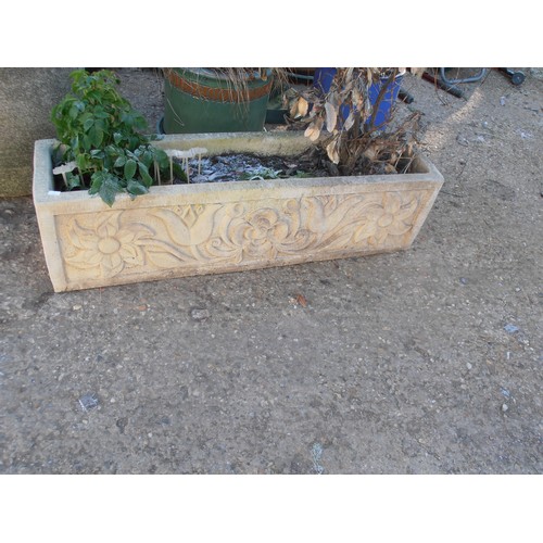 530 - CONCRETE TROUGH PLANTER WITH FLORAL DECORATION