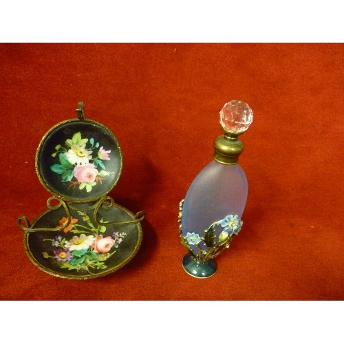 10 - VICTORIAN LADIES PORCELAIN POCKET WATCH STAND AND A SCENT BOTTLE WITH OVERLAID ENAMEL FLOWERS