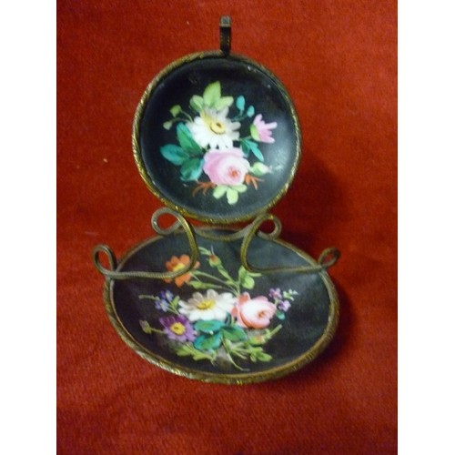 10 - VICTORIAN LADIES PORCELAIN POCKET WATCH STAND AND A SCENT BOTTLE WITH OVERLAID ENAMEL FLOWERS