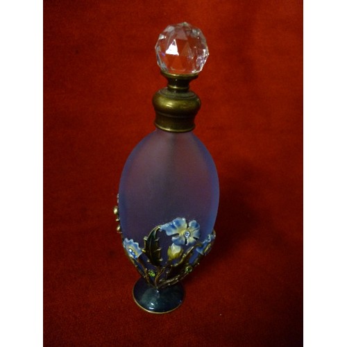 10 - VICTORIAN LADIES PORCELAIN POCKET WATCH STAND AND A SCENT BOTTLE WITH OVERLAID ENAMEL FLOWERS