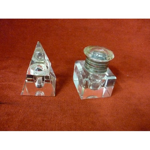 11 - TWO ANTIQUE INKWELLS UNCLUDING AN UNUSUAL GLASS PYRAMID EXAMPLE