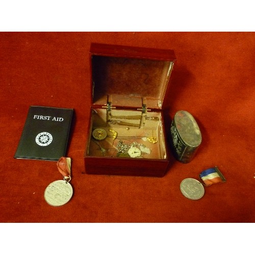 13 - A TRINKET BOX WITH CONTENTS OF SILVER PLATED CIGARETTE HOLDER, 1937 CORONATION MEDALS, WATCHES, AUST... 