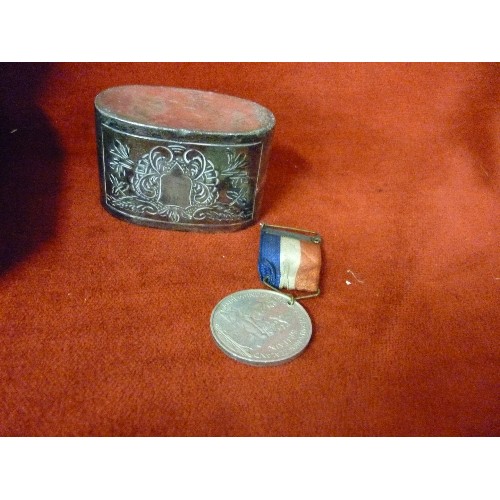 13 - A TRINKET BOX WITH CONTENTS OF SILVER PLATED CIGARETTE HOLDER, 1937 CORONATION MEDALS, WATCHES, AUST... 