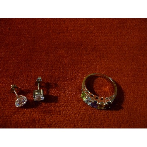 20 - COSTUME JEWELLERY INC SILVER METAL RING WITH 5 COLOURED STONES, GILT HOOP EARRINGS