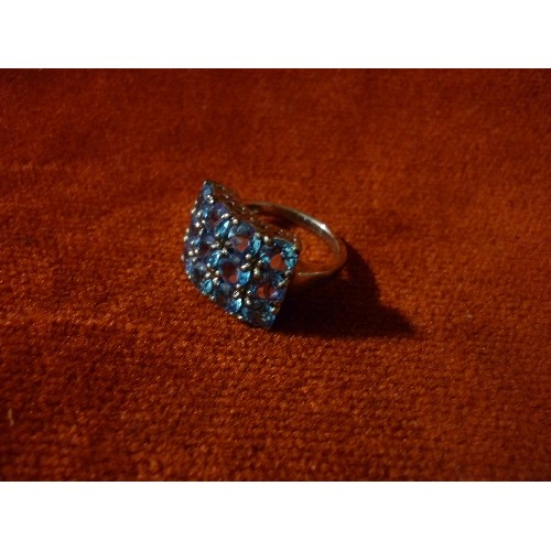 22 - FOUR 925 SILVER DRESS RINGS WITH STONES IN GREEN AND BLUE SHADES