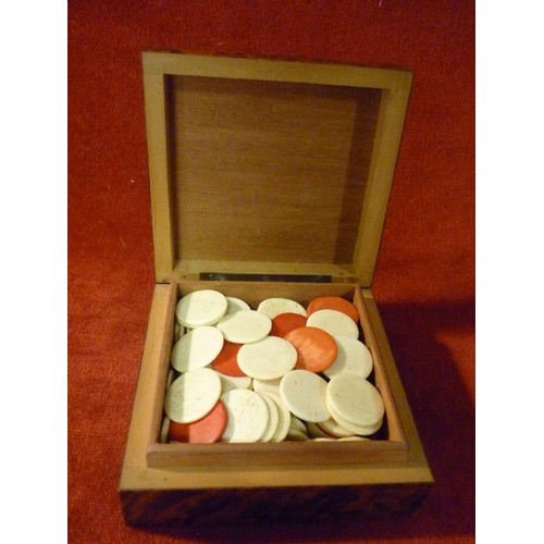 27 - WALNUT VENEERED BOX FULL OF VINTAGE BONE COUNTERS