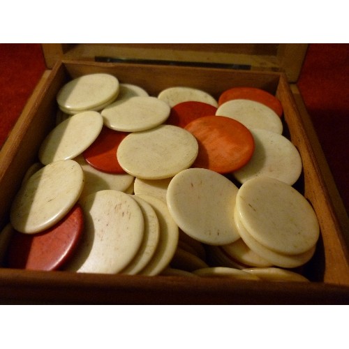 27 - WALNUT VENEERED BOX FULL OF VINTAGE BONE COUNTERS