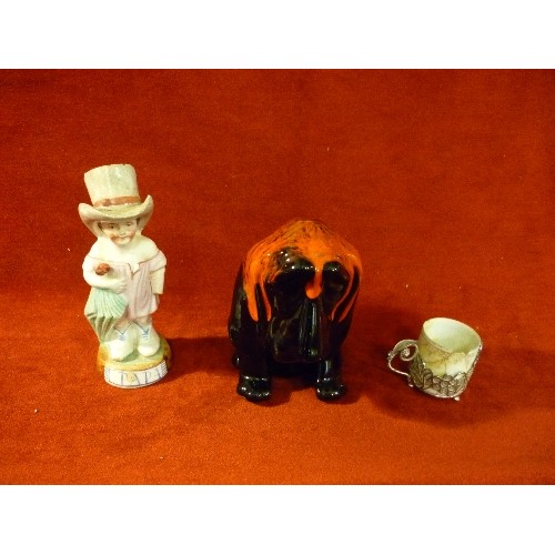 91 - STAFFORDSHIRE STYLE FIGURE 'PAPA' WITH BROKEN ARM, TOGETHER WITH A CONTEMORARY BASSETT HOUND, ALSO A... 