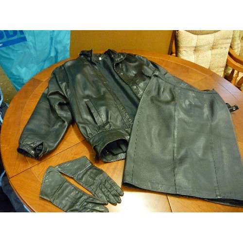 252 - GOOD QUALITY RETRO LEATHER SKIRT AND JACKET, AND MATCHING GLOVES. SIZE 12. BLACK. GENEL-LONDON.