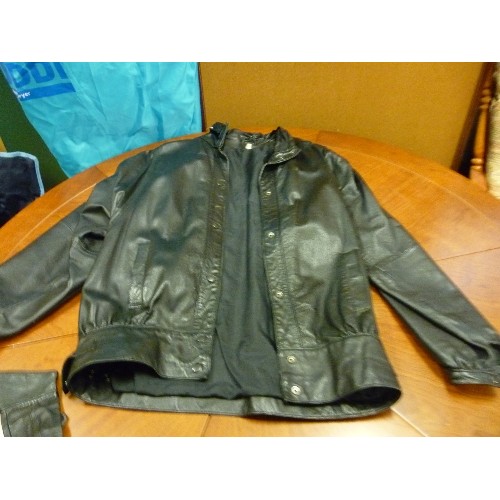 252 - GOOD QUALITY RETRO LEATHER SKIRT AND JACKET, AND MATCHING GLOVES. SIZE 12. BLACK. GENEL-LONDON.