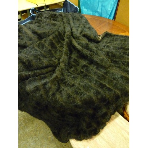 447 - LARGE DARK BROWN FAUX FUR FLEECE OR THROW WITH SATIN LINING 180CM X 150CM