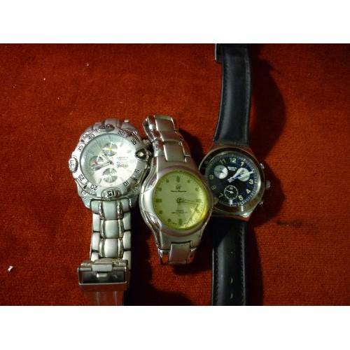 36 - 3 GENTS WATCHES INC SWISS SWATCH (AG 2003) WITH BLACK LEATHER STRAP, AMERICA SPORTS WATCH AND A CHAR... 