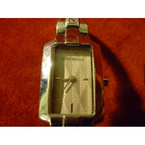 39 - A LADIES STORM WATCH WITH STAINLESS STEEL STRAP AND AN EMPORIO ARMANI WATCH MARKED TO DIAL, BACK STR... 