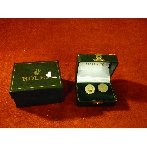 43 - A PAIR OF ROLEX CUFFLINKS WITH BOX AND CERTIFICATE AND PROTECTIVE OUTER BOX