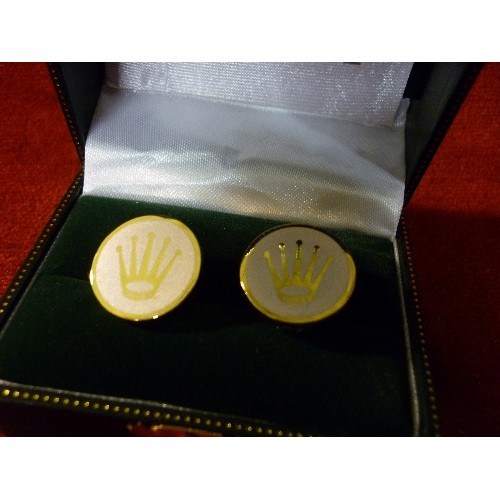 43 - A PAIR OF ROLEX CUFFLINKS WITH BOX AND CERTIFICATE AND PROTECTIVE OUTER BOX