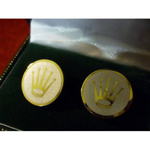 43 - A PAIR OF ROLEX CUFFLINKS WITH BOX AND CERTIFICATE AND PROTECTIVE OUTER BOX