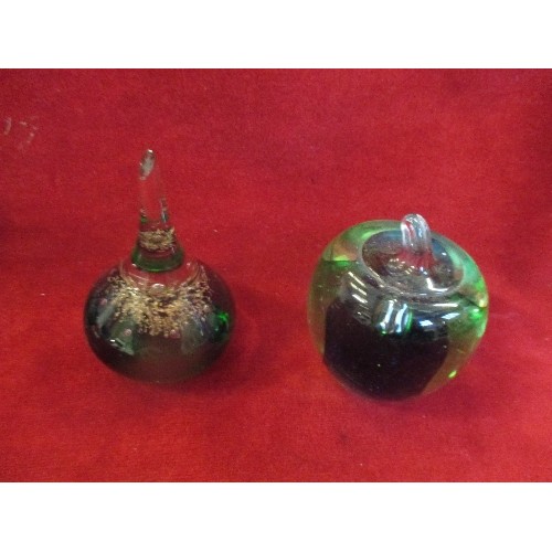 68 - 4 HEAVY GLASS PAPERWEIGHTS INCLUDING A PEAR AND AN APPLE.