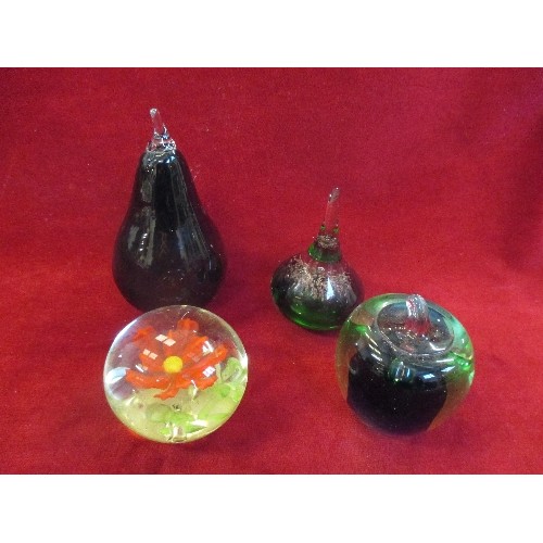 68 - 4 HEAVY GLASS PAPERWEIGHTS INCLUDING A PEAR AND AN APPLE.