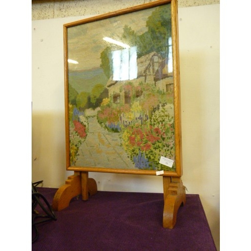 93 - LOVELY VINTAGE CROSS-STITCH/TAPESTRY FIRE SCREEN, WITH WOODEN SCREEN AND FRAME.