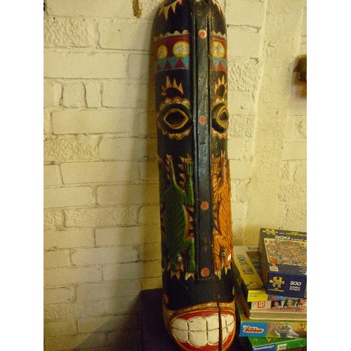 138 - TALL CARVED PAINTED WOOD, AFRICAN? WALL HANGING MASK. APPROX 97CM H.
