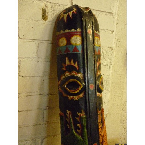 138 - TALL CARVED PAINTED WOOD, AFRICAN? WALL HANGING MASK. APPROX 97CM H.