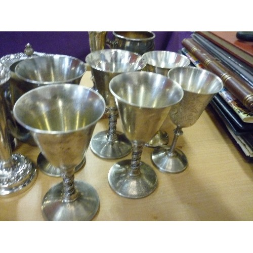 183 - VINTAGE SILVER-PLATE ITEMS. INCLUDES TEA POT, GOBLETS, TANKARDS AND DISHES.