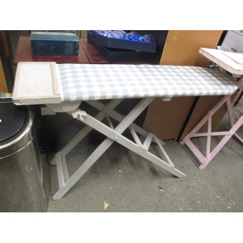 264 - 3 VINTAGE WOODEN IRONING BOARDS WITH CHECKED FABRIC COVERED TOPS