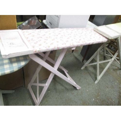 264 - 3 VINTAGE WOODEN IRONING BOARDS WITH CHECKED FABRIC COVERED TOPS
