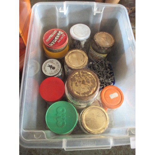 269 - THREE BOXES OF GARAGE / SHED ITEMS INC JARS OF NAILS, SCREWS, ELECTRICALS, VARNISHES ETC