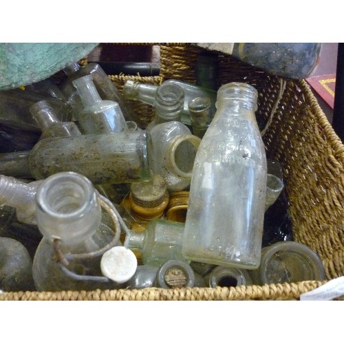 203 - LARGE QUANTITY OF VINTAGE GLASS BOTTLES, INCLUDES SCHOOL MILK BOTTLES, A STONEWARE FLAGON ETC.