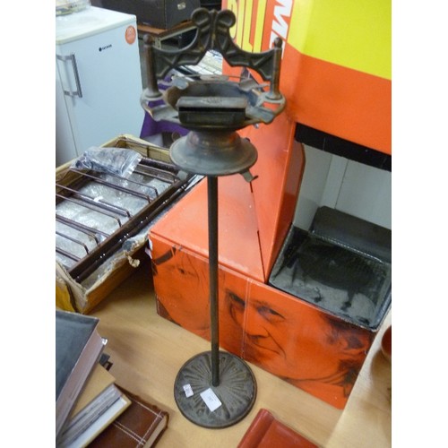 187 - VINTAGE COPPER ASHTRAY STAND. WITH ATTACHED HINGED MATCHBOX. HAS 4 HOOKS FOR COMPANION SET.