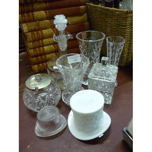 199 - VINTAGE GLASS ITEMS, INCLUDES A DECANTER, A LIDDED SUGAR/JAM POT, VASES, AND 2 GLASS TOP HATS.