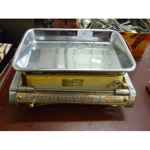 195 - VINTAGE TOWER BEAM BALANCE WEIGHING SCALES. CREAM AND CHROME. COMPLETE WITH RECTANGULAR DISH. IMPERI... 