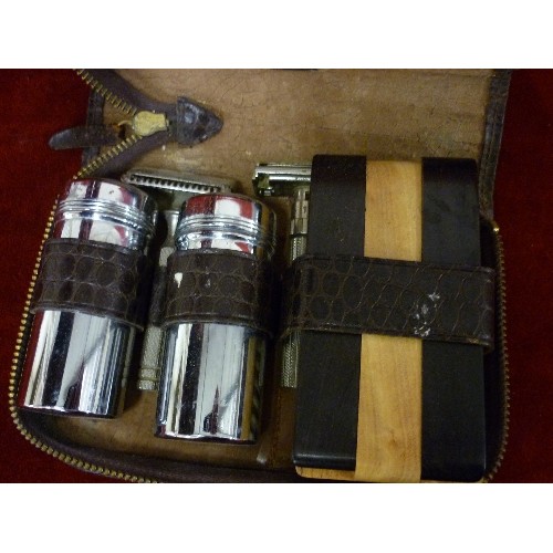 221 - VINTAGE GENTS GROOMING KIT, IN 'CROCODILE' LEATHER ZIPPED CASE.