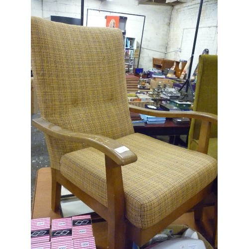 234 - 2 RETRO EASY CHAIRS. ONE UPHOLSTERED WITH OLIVE-GREEN VELVET/DRALON, THE OTHER HAS ARMS, WITH PALE C... 