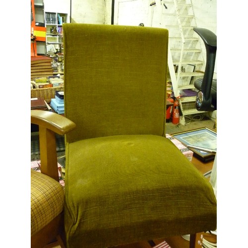 234 - 2 RETRO EASY CHAIRS. ONE UPHOLSTERED WITH OLIVE-GREEN VELVET/DRALON, THE OTHER HAS ARMS, WITH PALE C... 