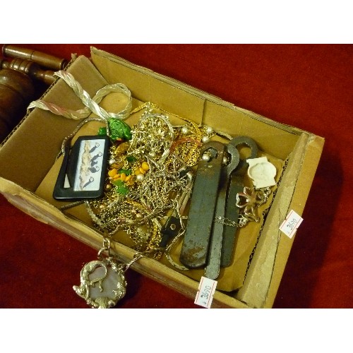 239 - MIXED BOX OF MAINLY COSTUME JEWELLERY, TOGETHER WITH A WOODEN CORKSCREW, AND 3 SMALL SPANNERS!