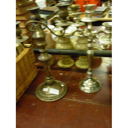 215 - A VINTAGE SILVER-PLATE CANDELABRA WITH 3 HOLDERS, ALSO A MORE RECENT ONE WITH 5 HOLDERS.