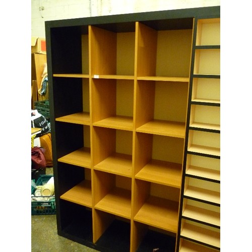 281 - LARGE CONTEMPORARY STORAGE, IN BEECH AND BLACK. HAS 15 CUBES, AND 12 SHELVES. APPROX 85CM H/ 80CM W/... 