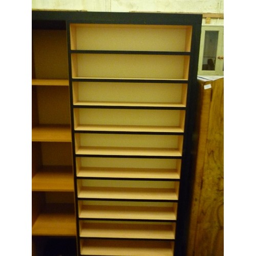 281 - LARGE CONTEMPORARY STORAGE, IN BEECH AND BLACK. HAS 15 CUBES, AND 12 SHELVES. APPROX 85CM H/ 80CM W/... 