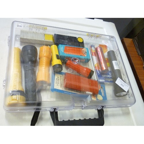 305 - CLEAR STANLEY TOOL CASE, CONTAINING 11 TORCHES, INC MINI POCKET ONES. SOME NEW/PACKAGED.