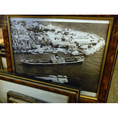 275 - QUANTITY OF FRAMED VINTAGE SHIPPING PRINTS AND PHOTOGRAPHS, TOGETHER WITH A SHIP IN A BOTTLE, A NAUT... 