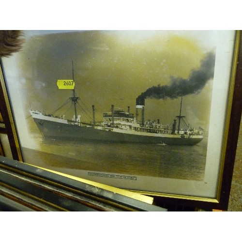 275 - QUANTITY OF FRAMED VINTAGE SHIPPING PRINTS AND PHOTOGRAPHS, TOGETHER WITH A SHIP IN A BOTTLE, A NAUT... 