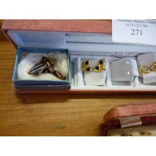 271 - COSTUME JEWELLERY. INCLUDES 3 X NECKLACE/CLIP-ON  EAR-RINGS SETS, VINTAGE CUFF-LINKS , STUD EAR-RING... 