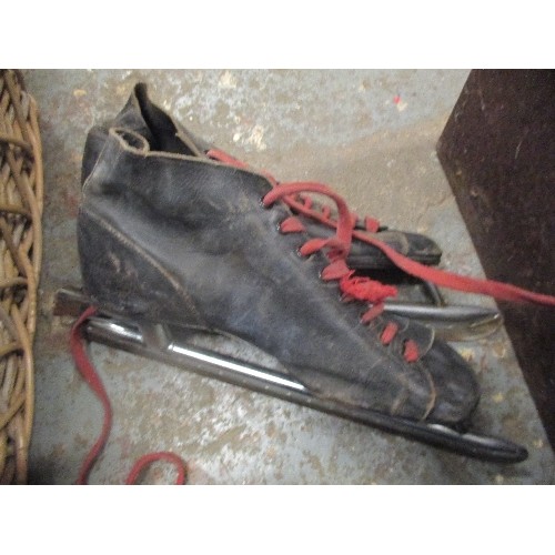 328 - VINTAGE ICE SKATES [X 5 PAIRS] FROM A LOCAL (CROWLAND) FAMILY OF SKATERS. IN AN OLD TIN TRUNK. INCLU... 