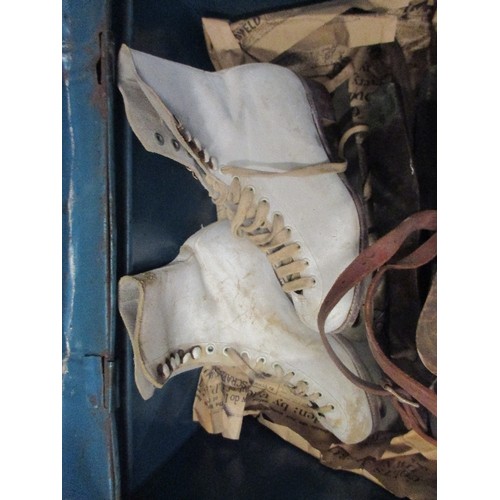 328 - VINTAGE ICE SKATES [X 5 PAIRS] FROM A LOCAL (CROWLAND) FAMILY OF SKATERS. IN AN OLD TIN TRUNK. INCLU... 