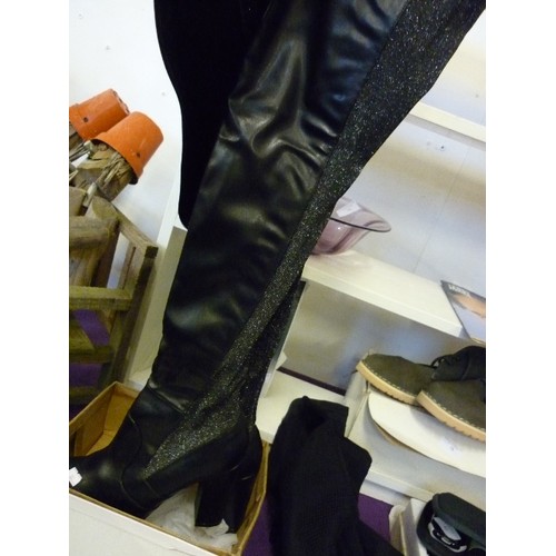 83 - 3 PAIRS OF BRAND-NEW WOMENS HIGH-HEELED BOOTS. SIZE 7. INC A PAIR OF THIGH LENGTH SPARKLY FABRIC BOO... 
